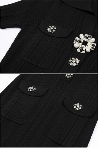 Short Sleeve Knit Long Dress with Rhinestone Buttons and Collar