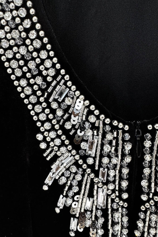 Velvet Sleeveless Long Dress with Rhinestone Embellished High Neck and Open Back