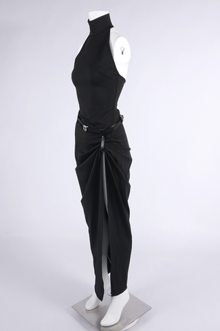Sculpted Halter-Neck Belted Slit  Long Dress