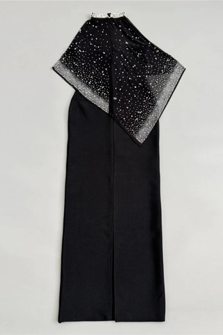 Strapless Bandage Long Dress with Rhinestone Mesh Cape Overlay and High Neck