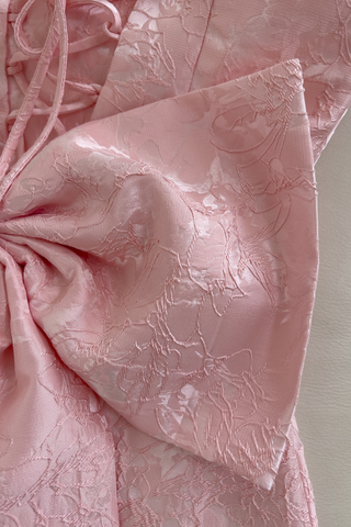 Pink Embroidered Lace Mini Dress with Back Bow & Corset Detailing