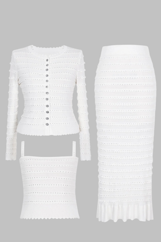 Three-Piece Knitted Set with Rhinestone Trim – Cardigan, Cami Top & Midi Long Skirt