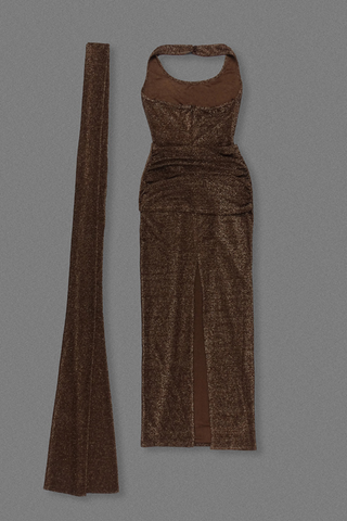 Coffee Metallic Halter Long Dress Backless Slim Fit with Waist Tie Detail