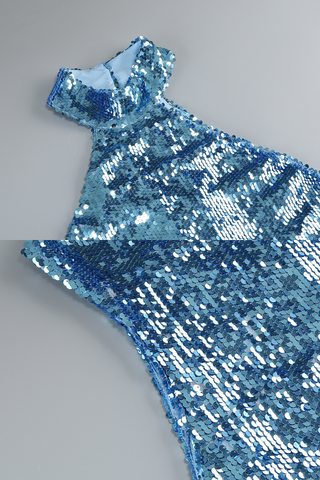 High-Shine Sequin Halter Neck Evening Long Dress with Back Slit and Pearl Button Detail