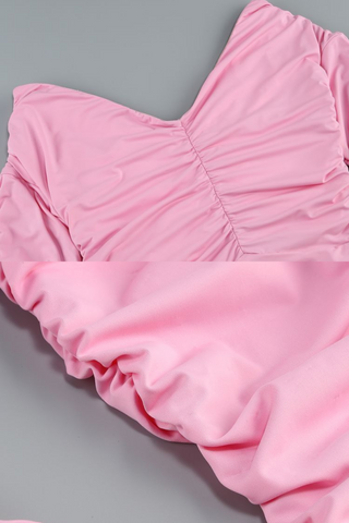 Pink Ring-Cut Draped Long Sleeve Dress  With Ruched One-Shoulder with Asymmetric Drape