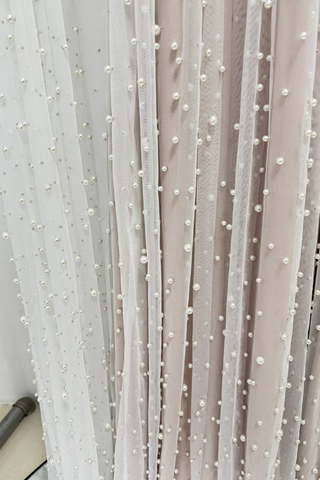 Heavy Pearl-Embroidered Mesh Tulle Long Dress with High Collar and Draped Cape