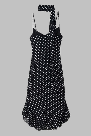 Polka Dot Ruffle Hem Long  Dress with Scarf Detail