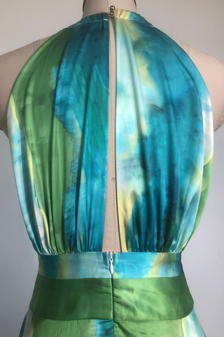 Emerald Ocean Breeze Plunge Halter  Long Dress with Cascading Ruffle Skirt