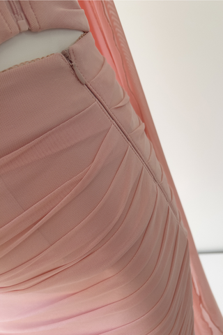Dusty Rose Draped Mesh Strapless Set with Convertible Scarf & Fishtail Maxi Skirt