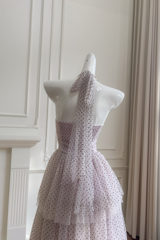 Blush Polka Dot Halter Dress with Tiered Mesh Skirt