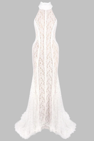 Halter Neck Lace Mermaid Long Dress  – Backless Sheer Dress with Lace-Up Detail and Train