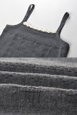 Charcoal Gray Three-Piece Knitted Set with White Floral Trim – Cardigan, Top & Pleated Mini Skirt