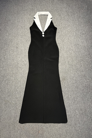 Contrast Lapel Halter Long Dress with Deep V-Neck & Tailored Fit