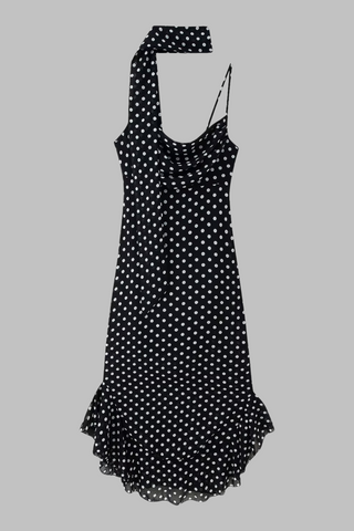Polka Dot Ruffle Hem Long  Dress with Scarf Detail