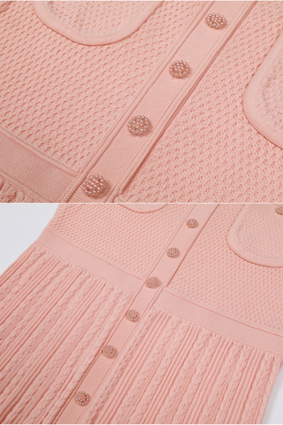 Elegant Sleeveless Textured Knit Long Dress with Button Front and Fitted Waistline