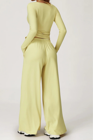 3-Piece Sport Wrap Lounge Set with Long Sleeve Crop Top, Halter Tank, and Wide-Leg Pants