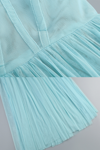 Aqua Tulle Strapless Corse Long Dress with Flower Appliqués and Lace-Up Back
