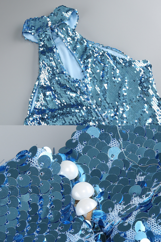 High-Shine Sequin Halter Neck Evening Long Dress with Back Slit and Pearl Button Detail