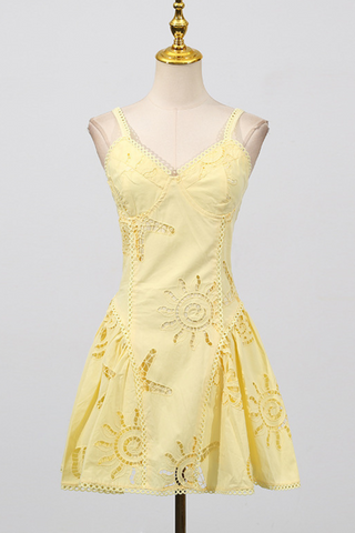 Sun Embroidered Sleeveless  Eyelet Mini Dress