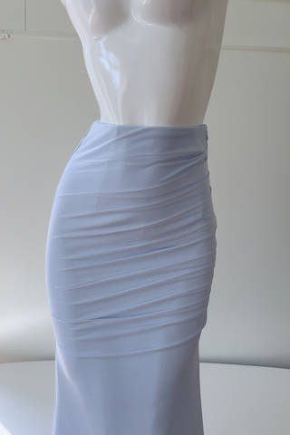 Light Blue Mesh Ruched  Set – Strapless Bustier Top & Fishtail Maxi Skirt with Sheer Scarf