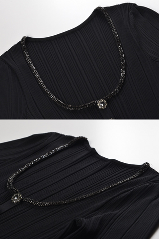 Ribbed Elastic Slim Fit U-Neck Long Sleeve Top with Rhinestone Trim