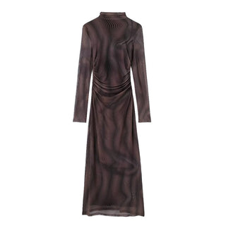 Salma Long Sleeve Marble Print Mesh Long Dress