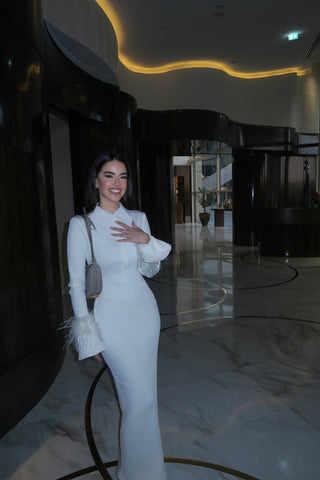 Feather Cuff Long Sleeve Bandage Long Dress