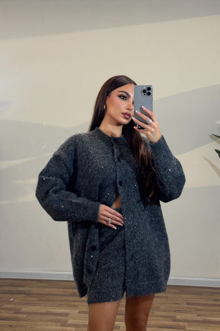 Wool Knit Lounge Set with Sequin Shine – Cardigan and Shorts