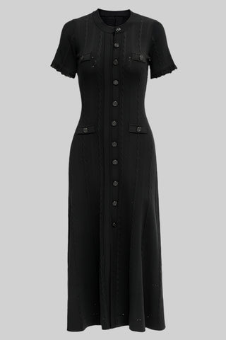 Short Sleeve Knitted Midi Dress with Front Buttons and Pocket Detail