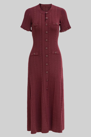 Short Sleeve Knitted Midi Dress with Front Buttons and Pocket Detail