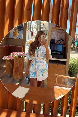 Printed Overshirt and Skort Set – Short Sleeve Button-Up with Belted High-Waist Skort