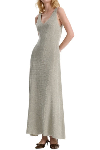 Sleeveless Knit Long Dress with V-Neck and Rhinestone Embellishment