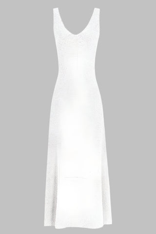 Sleeveless Knit Long Dress with V-Neck and Rhinestone Embellishment