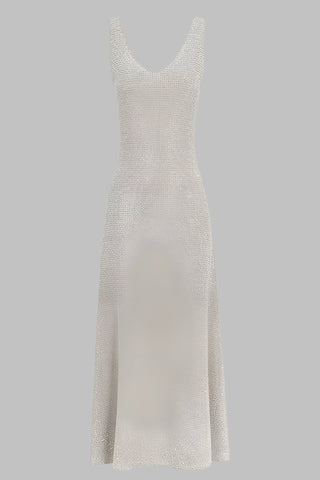 Sleeveless Knit Long Dress with V-Neck and Rhinestone Embellishment