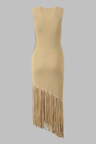Golden Beige Knit Midi Dress with Asymmetrical Fringe Detail