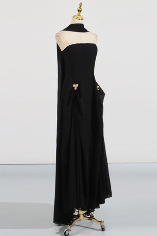 Black Strapless Cape Gown with Floral Pearl Embellishments