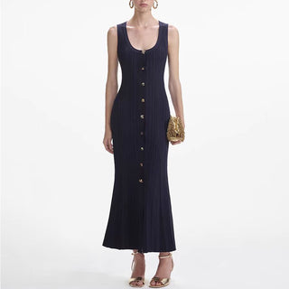 Sleeveless Ribbed Knit Midi Dress with Floral Button Front