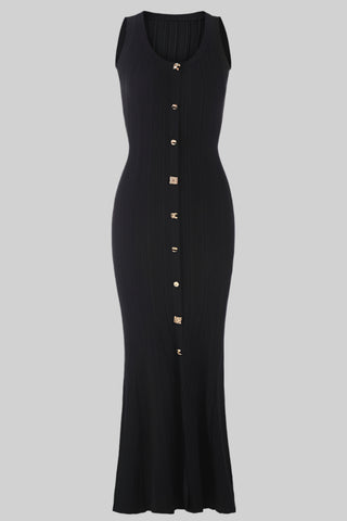 Sleeveless Ribbed Knit Midi Dress with Floral Button Front