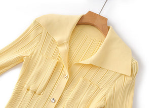 Long Sleeve Ribbed Knit Long Dress with Collar Button Front and Pocket Detail