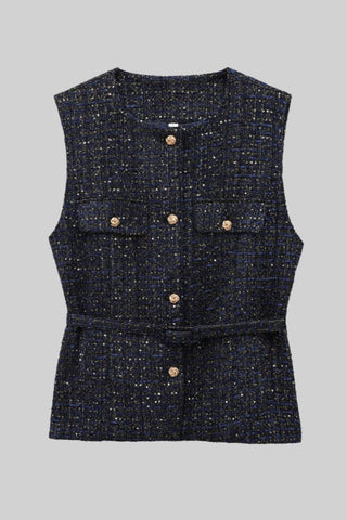 Elegant Tweed Belted Vest – Sleeveless Round Neck Textured Jacket with Gold Button Details