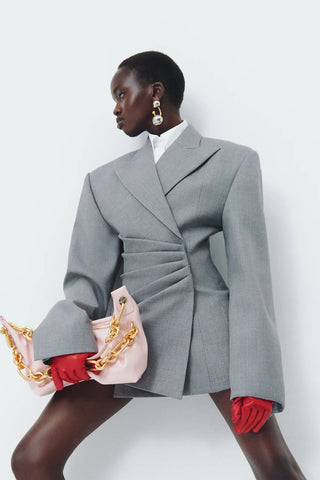 Long Sleeve Draped Pleated Blazer Dress with V-Neck Lapel