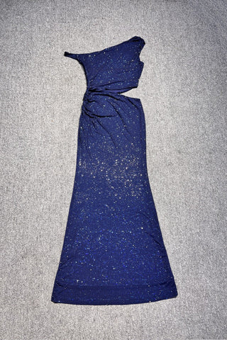 Luxe One-Shoulder Long Mesh Crystal Dress