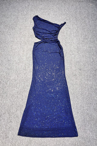 Luxe One-Shoulder Long Mesh Crystal Dress