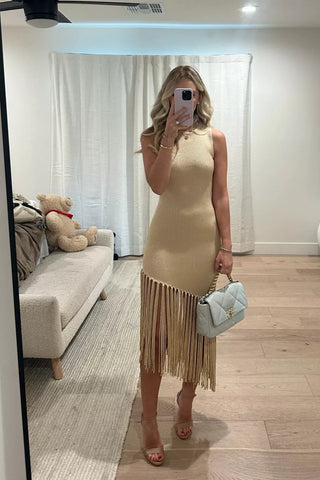 Golden Beige Knit Midi Dress with Asymmetrical Fringe Detail
