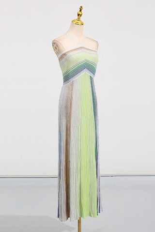 Halter Neck Contrast Stripe Pleated Long Dress