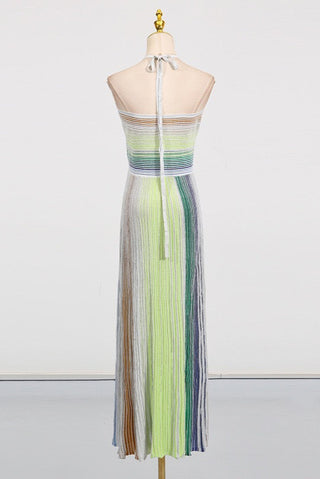 Halter Neck Contrast Stripe Pleated Long Dress