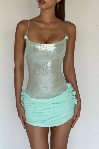 Mint Green Sequin Mini Dress with Floral Appliqué and Corset Lace-Up Back