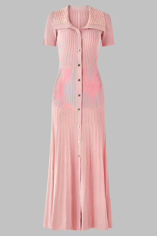 Short Sleeve Pearl Collar Ribbed Knit Midi Dress – Button Front