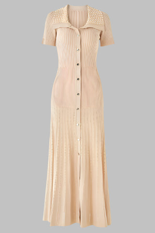 Short Sleeve Pearl Collar Ribbed Knit Midi Dress – Button Front