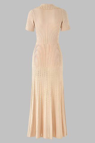 Short Sleeve Pearl Collar Ribbed Knit Midi Dress – Button Front